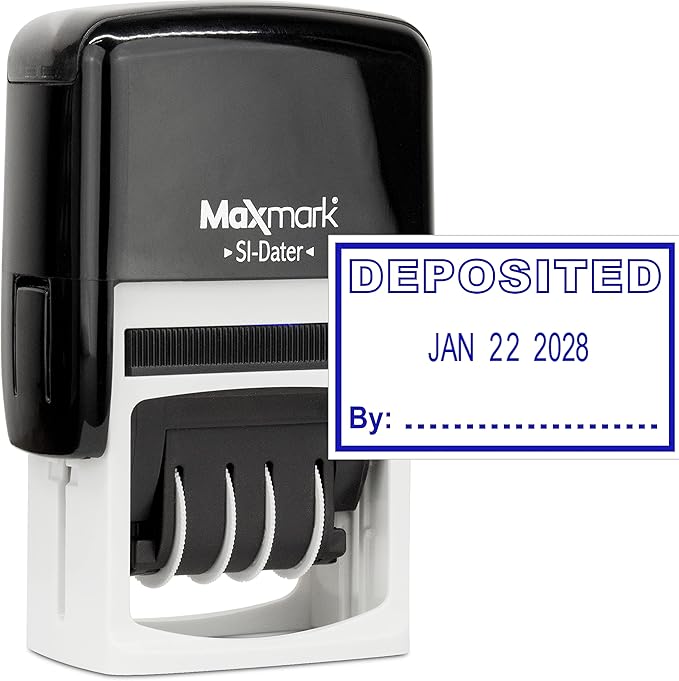 MaxMark Office Self Inking Date Stamp with Phrase Deposited - Blue Ink