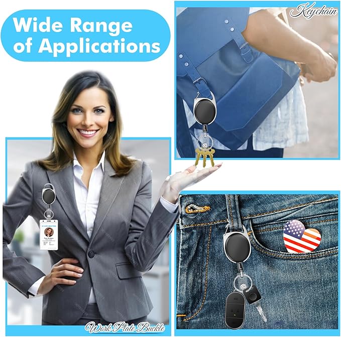 Retractable Badge Holder with Carabiner Reel Clip and Key Ring for ID Card Key Keychain Holders Black 20 Pieces by moeverEX