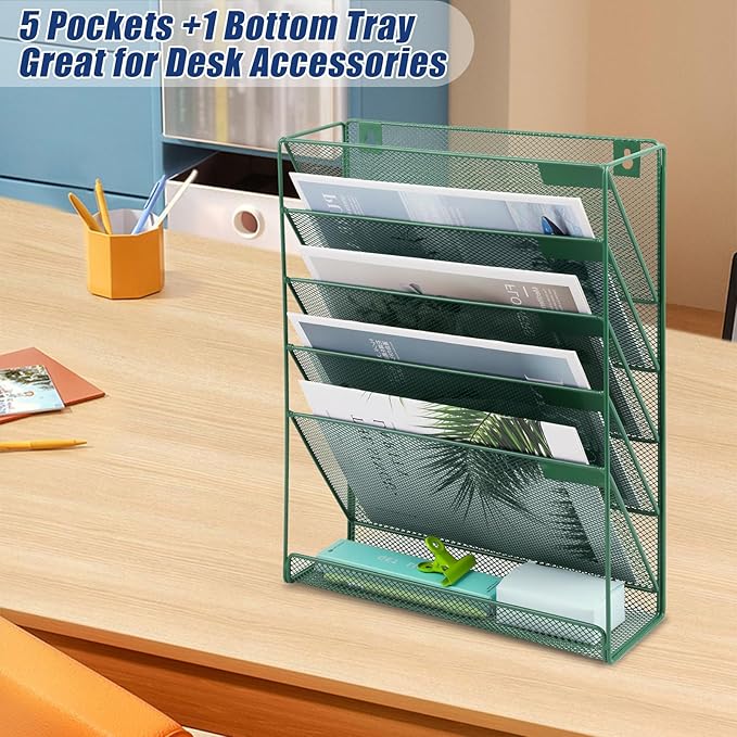 EASEPRES Desk File Organizer Mesh 6-Tier, Hanging Wall Mount Document Organization Stand, Desktop Vertical Mail Paper Folder Holder Rack with Bottom Tray for Office Home Cubicle Countertop, Dark Green
