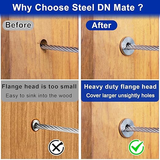 Steel DN Mate 50 Pack Stainless Steel Protector Sleeves for 1/8" 5/32" or 3/16" Cable Railing, Cable Protector Sleeves for Deck Railing System,T316 Cable Railing Hardware with a Drill Bit, DK05