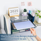 OPNICE Desk Organizer, 4-Tier Desktop File Organizer with Drawer and 2 Pen Holders, Office Desk Accessories, File Sorters, Workspace Organizers for Office Supplies(Dark Blue)