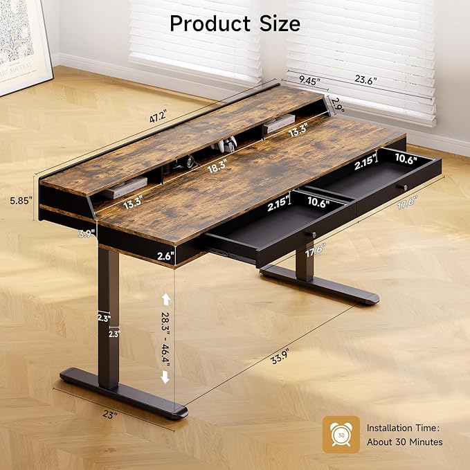 Standing Desk with Drawers, 47x23.6" Whole Piece Electric Stand Up Desk with Storage Shelf and Memory Controller, Sit Stand Desk Adjustable Height from 28-46" for Computer Workstation, Rustic Brown