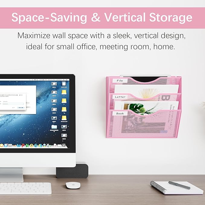 EasyPAG 3 Pocket Mesh Wall File Organizer, Hanging Paper Folder Holder with Classify Label, Vertical Wall Mount Mail Organizer for Office Home Classroom, Pink