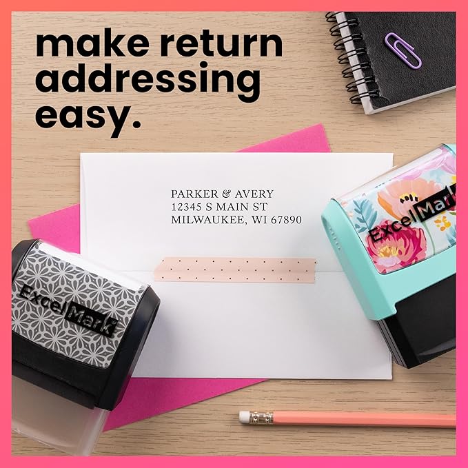 ExcelMark Address Stamp - Custom Return Address Stamp with Elegant Designs, Vibrant Colors & Patterns – Perfect for Mail, Invitations & Gifts (Pink Mount, Everyday Elegance)