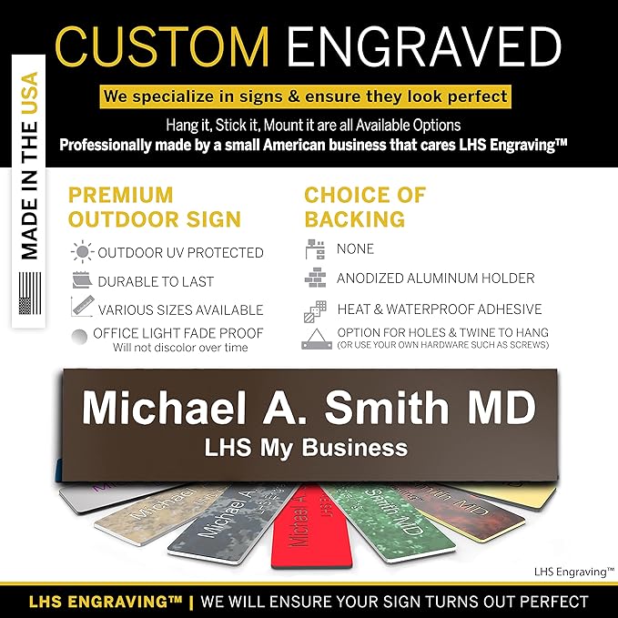 Custom Name Plate for Doors, with Choice of Mounting Holders for Walls, Doors, Cubicles, Hanging and More - Personalized Brown Plastic White Letters - USA Made 2x6 - B25
