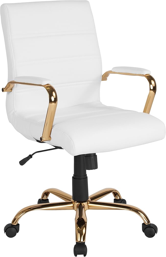 Flash Furniture Whitney Mid-Back Swivel LeatherSoft Desk Chair with Padded Seat and Armrests, Adjustable Height Padded Office Chair, White/Gold