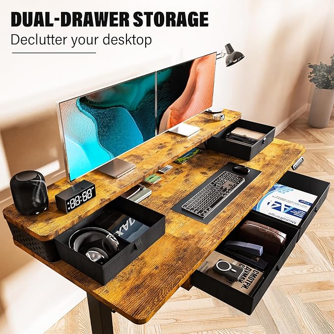 Kingant 48 x 24 Inch Electric Standing Desk with 4 Drawers, Height Adjustable Sit to Stand Computer Desk with Storage Shelf and C-Clamp Mount Compatibility for Home Office, Rustic Brown