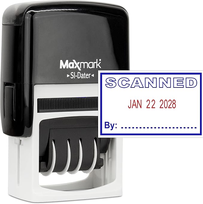 MaxMark Office Self Inking Date Stamp with Phrase Scanned - 2 Color Blue/Red Ink
