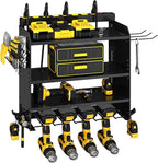 CFMASTER 4-Layer Wall-Mounted Power Tool Organizer Rack,Heavy Duty Adjustable Shelves Organizer for Cordless Power Tool Batteries,Space-Saving Garage & Workshop Charging Station 8 Outlets Power Strip