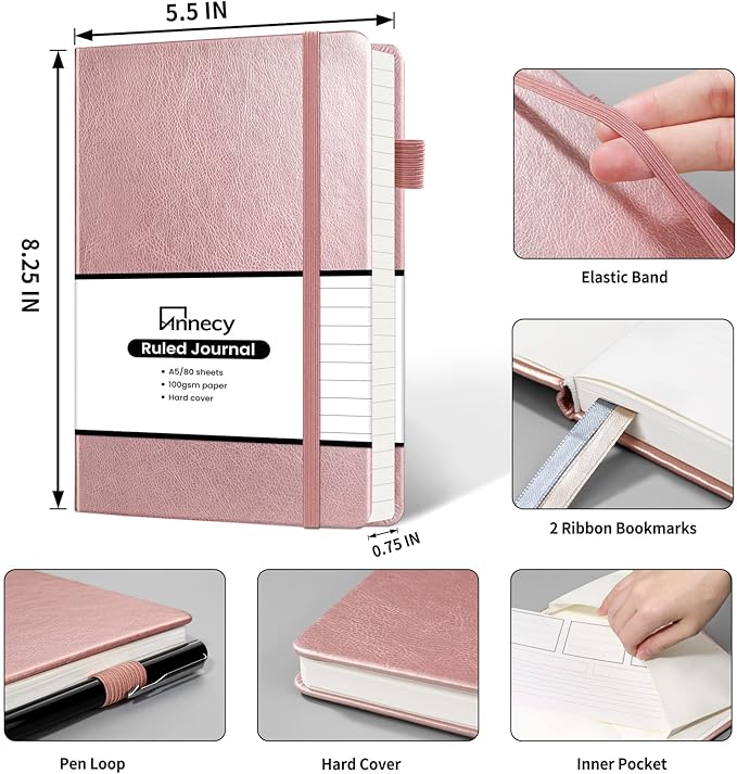 Annecy Lined Journal Notebook, Hardcover Leather Journal for Women & Men, 160 Numbered Pages, Medium 5.5" x 8.25", 100 GSM Thick Paper, Rose Gold