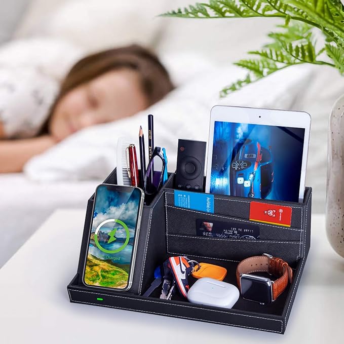 Valet Tray, Built in Wireless Charging Pad, Nightstand Organizer, Dresser Organizer, Mens Jewelry Box, Valet Charging Station, Faux Leather Valet Tray for Men and Women (Black+Wireless)