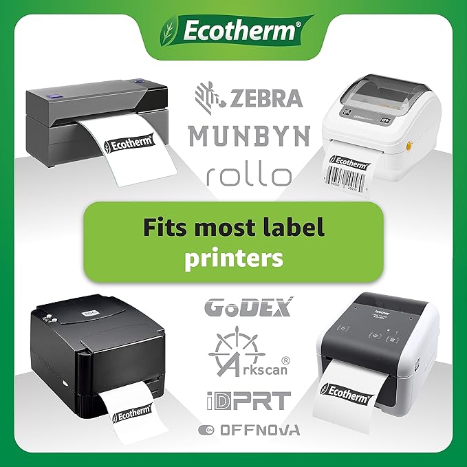 4" x 4" Thermal Labels | 4 Rolls | 1508 Labels | fits Zebra, Munbyn, Rollo, Godex, Arkscan, iDPRT, Offnova Thermal Label Printers and More | Blank White Adhesive Stickers by Ecotherm