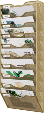 EasyPAG 10 Pocket Mesh Wall File Organizer, Hanging Paper Folder Holder with Classify Label, Vertical Wall Mount Mail Organizer for Office Home Classroom, Gold