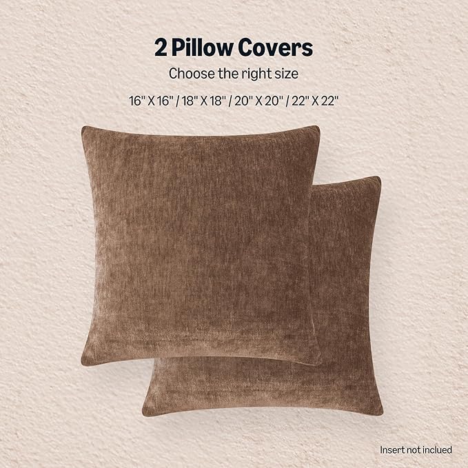 Amazon Basics Chenille Throw Pillow Covers, Home Decor Cushion Cover for Bedroom Living Room Couch Bed, 20" W × 20" L, Brown