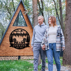 Custom Campfire Metal Name Sign, Campsite Custom Metal Family Name Sign, Campsite Monogram Forest, Personalized Camping Gifts Fire Pit Camper Lover Gift