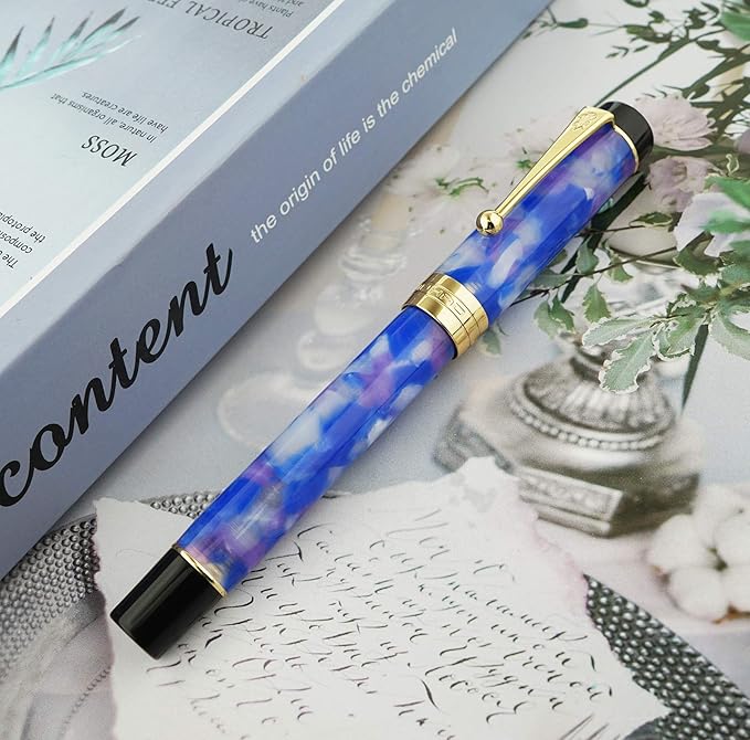 Jinhao 100 Fountain Pen Celluloid Classic Style, #6 Nib Smooth Writing Instrument with Refillable Converter and Pen Case Set