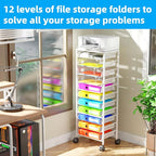 Simple Trending 12 Tier Rolling File Cart,Wood Desk File Organizer with Sliding Trays and Wetal Mesh Paper Letter Storage Multi-Functional Rolling Clutter Cart for Office, Home, School,White