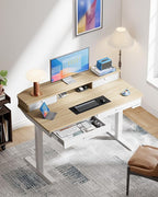 HUANUO 55 x 30 inch Electric Standing Desk with Wood Drawers, Adjustable Height Sit Stand Home Office Desk with Two Tiers, Ergonomic Adjustable Stand up Desk C-Clamp Monitor Mount Compatible, Natural