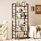 Homeiju 6 Tier Bookshelf, Industrial Bookcase with 8 Hooks, Vintage Storage Rack with Open Shelves, Rustic Standing Bookshelves Metal Frame Display Rack for Living Room, Bedroom, Rustic Brown