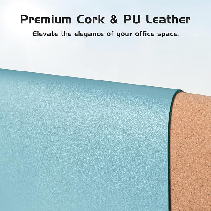 Aothia Double-Sided Desk Pad – 35.4" x 15.7" Leather Desk Mat with Eco Cork Protector, Large Mouse Pad, Waterproof Desk Blotter for Office/Home (Blue Topazn)
