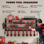 NattyDot Power Tool Organizer Wall Mount with Charging Station,Cordless Tool Organizer 8 Drill Holder, 4 Layer Storage Rack for Garage Organization,Tool Holder with 8 Outlet Power Strip (Red)