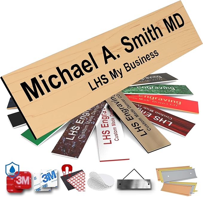 Engraved Name Plates for Door Sign Personalized Cashew Plastic Plaque with Black Letters - Made in USA 2x4 N6