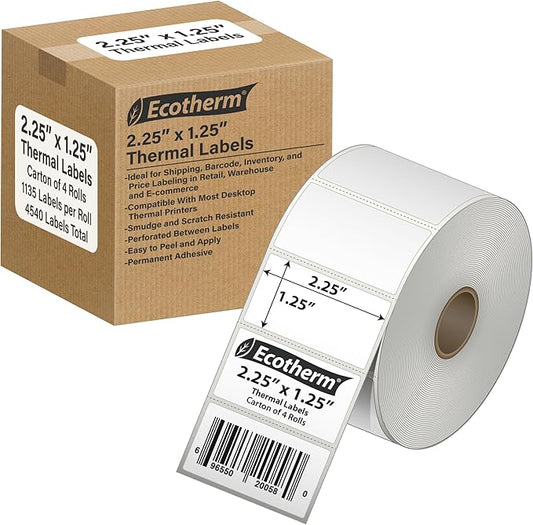 2.25" x 1.25" Thermal Labels | 4 Rolls | 4540 Labels | fits Zebra, Munbyn, Rollo, Godex, Arkscan, iDPRT, Offnova Thermal Label Printers and More | Blank White Adhesive Stickers by Ecotherm