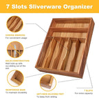 Oridom Kitchen Acacia Silverware Organizer - Extra Deep Grooved Drawer Divider, 7 Slot Utensil Organizer