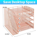 Gugsey Desk Organizer, 5-Tier Paper Letter Tray Organizer with File Holder, Drawer and Pen Holder, Desktop Organizer for Office Supplies, Rose Gold