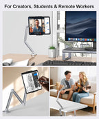 YICOSUN Tablet Arm Mount with Super Grip, Adjustable Foldable Holder & Heavy Duty Aluminum 360° Rotating Clamp for iPad, Phone, Monitor, Kindle - Universal for Desk, Bed, Kitchen - Silver