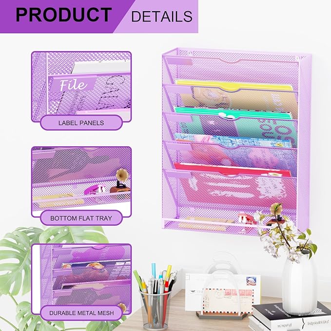 GDINDINFAN Hanging Wall File Organizer 6 Tier Wall Mounted Mail Paper Folder Holder Document Organization Stand, Vertical Desk Magazine Rack for Office Home Cubicle Countertop, Light Purple