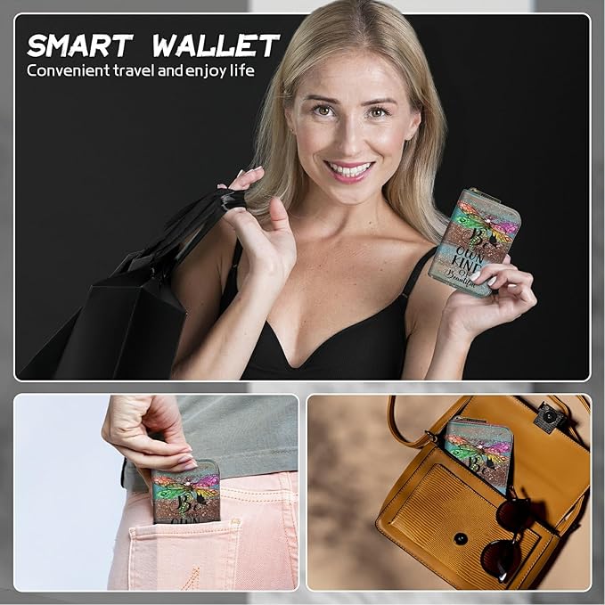 BWEGRHE Cute Credit Card Holder with Zipper, Dragonfly Glitter Wood RFID-Blocking Card Case Small Wallet for Women Men, Multi-slot Card Organizer Case Travel Accordion Wallet