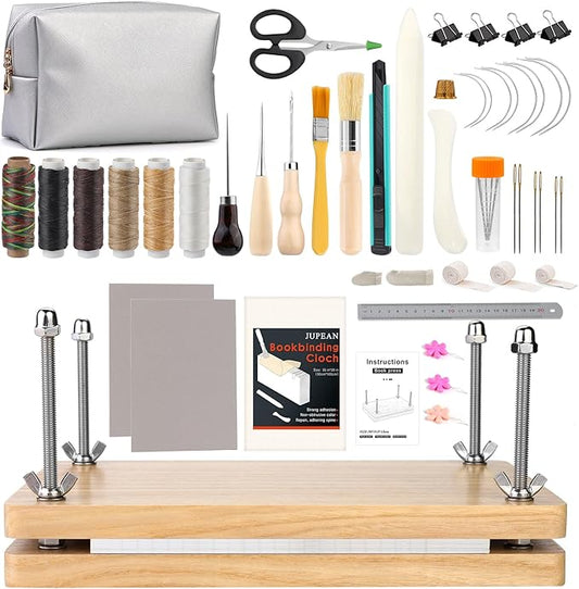 45 Pcs Book Binding Kits Bookbinding Kit Book Press 7.9”x11.6” with Book Binding Materials Bone Folder Tool Binding Cloth Webbing Strap and Storage Bag for Binding and Repair