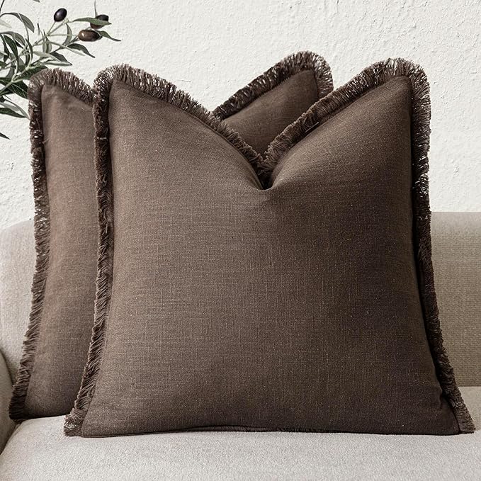 Foindtower Set of 2 Decorative Linen Fringe Throw Pillow Covers Boho Farmhouse Cushion Cover with Tassels Soft Accent Pillowcase for Couch Sofa Bed Living Room Home Decor,18×18 Inch,Reddish Brown