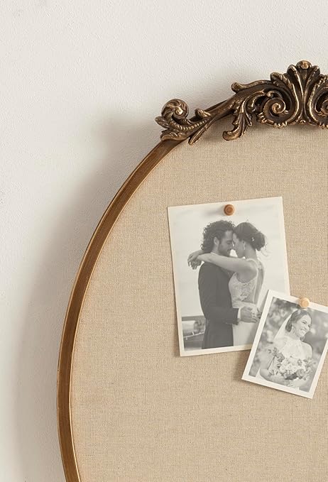 Kate and Laurel Arendahl Decorative Oval Pinboard, 18 x 24, Gold, Framed Round Ornate Vintage Cork Board for Use as Motivational Vision Board or Wall Organizer