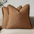 Foindtower Set of 2 Decorative Linen Fringe Throw Pillow Covers Boho Farmhouse Cushion Cover with Tassels Soft Accent Pillowcase for Couch Sofa Bed Living Room Home Decor,24×24 Inch,Orange Brown