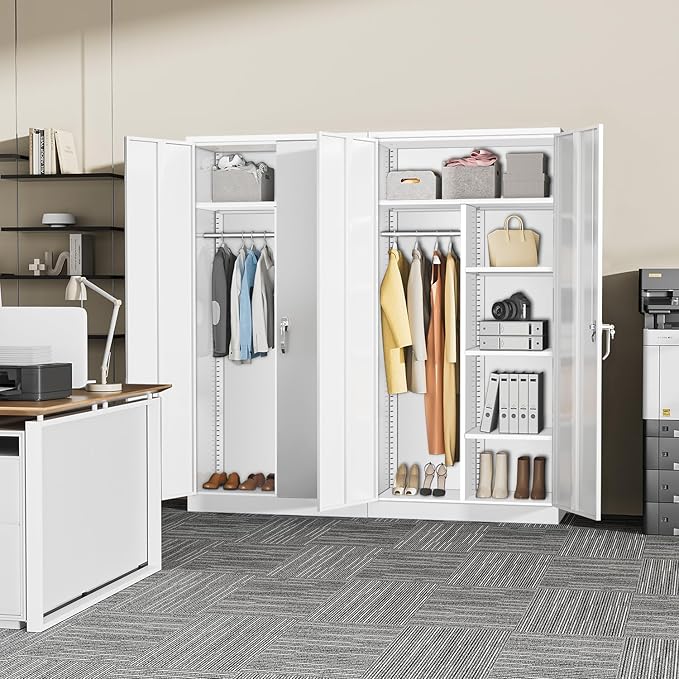 INTERGREAT Metal Storage Cabinet,Armoire Wardrobe Closet with 4 Adjustable Shelves and Hanging Rod,Metal Wardrobe Cabinet with Lockable Doors for Home Office,Warehouse,Garage,White