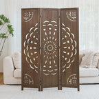 66.9Inch Wooden Room Partition - 3 Panels Boho-Styled Space Room Divider for Home/Office, Headboard & Yoga/Photo/Video Call Backdrop (Brown)