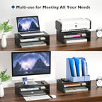 BONTEC Wooden Monitor Stand Riser, 2-Tier Desk Shelf with Storage Organizer, Ergonomic Computer Stand with Cable Management, Cellphone Holder, Black, 16.5 Inch
