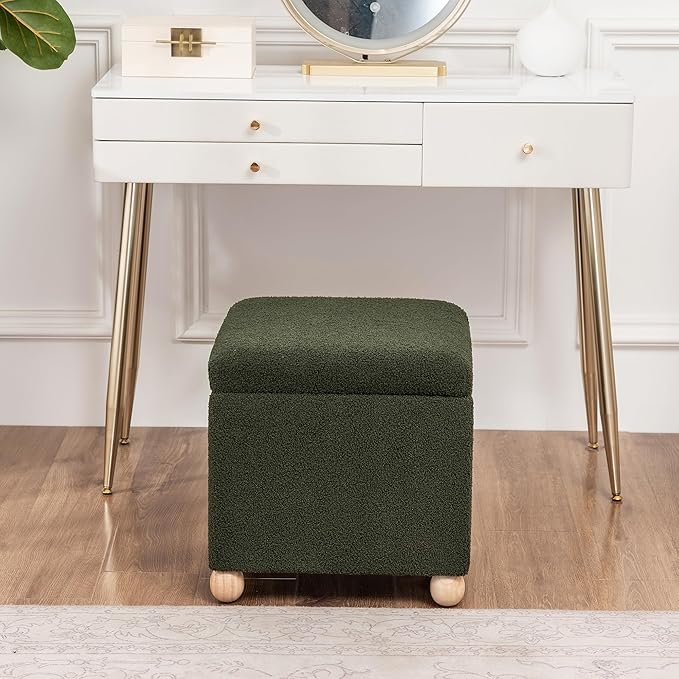 Adeco 17 Inch Soft Dark Green Cube Ottoman Storage, Teddy Velvet Chair Foot Stools, Upholstered Vanity Stool with Hinged Lid, Solid Round Wood Legs