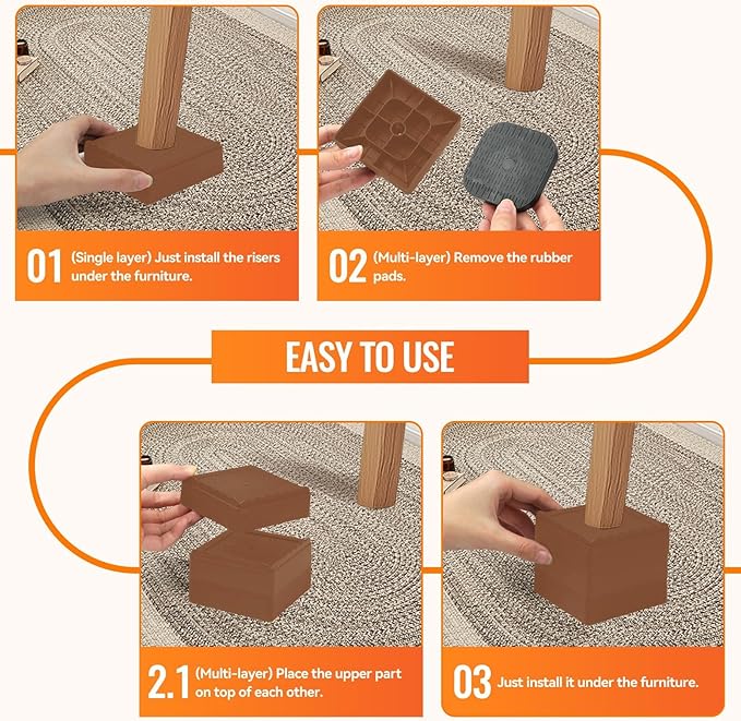shouwuhho Furniture Risers, 8 Pack Bed Risers with Non-Slip Grip and Heavy Duty Support, 1 Inch 2 Inch 3 Inch 4 Inch Height Lift for Couch, Sofa, Table, Desk, Chair, Refrigerator - Brown, 1 Inch