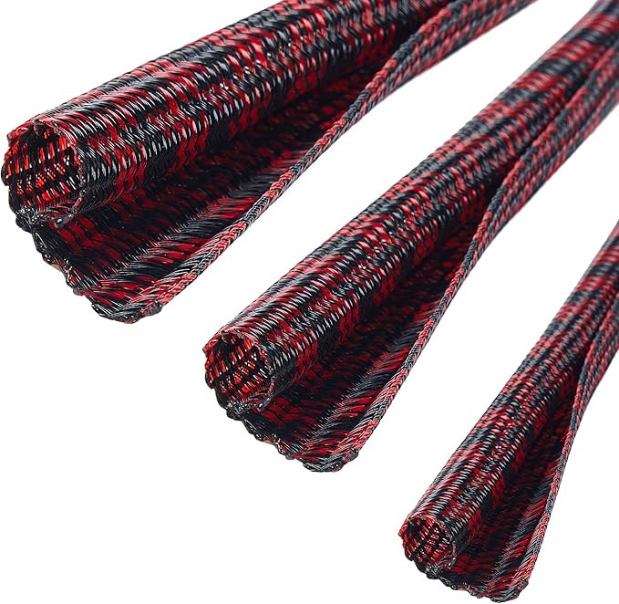 QCSIW Split Cable Sleeve, 1/2 Inch 10ft Black Red Braided Wire Loom for Home Cable Management, Pet Chew Protection and DIY Cord Organizer for Desk and Home Theater