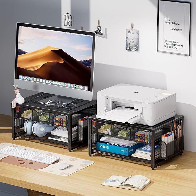 Marbrasse Metal Printer Stand for Desk with Storage Drawer and 2 Pen Holders, 2-Tier Desktop Organizer Printer Table for Home Office, Multi-Purpose Desk Organizer for Fax Machine Scanner Files(Black)