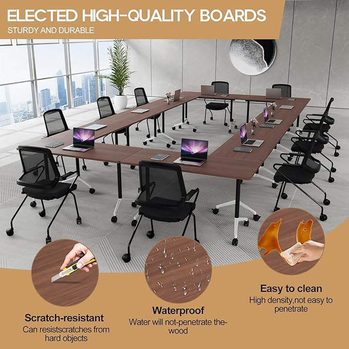 Folding Conference Table 4ft 5ft, Foldable Office Meeting Desk for 6 People, Multiple Sizes Colors Mobile Conference Room Table for Training Room School Business Furniture (2, Walnut, 71in)