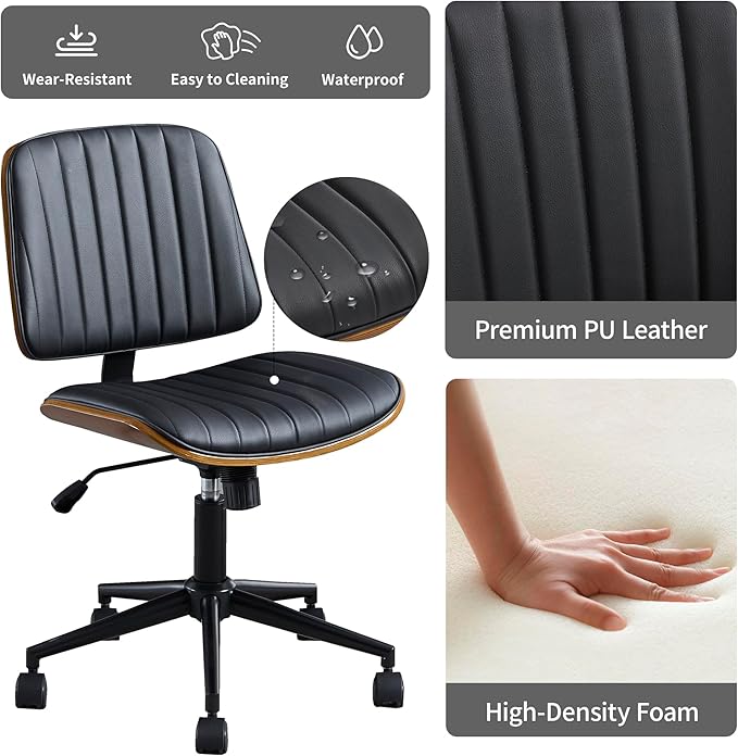 Small Home Office Chair - Armless Mid Back Desk Chair with 360° Swivel and Wheels, PU Upholstered Height Adjustable Modern Walnut Computer Chair for Home, Office Meeting Room - Black