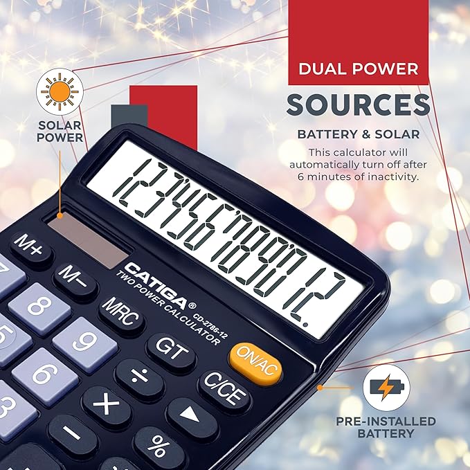 CATIGA 12 Digits Desktop Calculator with Large LCD Display and Sensitive Button, Dual Solar Power and Battery, Standard Function for Office, Home, School, CD-2786