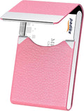Padike Professional Business Card Holder PU Leather Business Card Case Name Card Holder Slim Metal Pocket Card Holder with Magnetic Shut (Pink)
