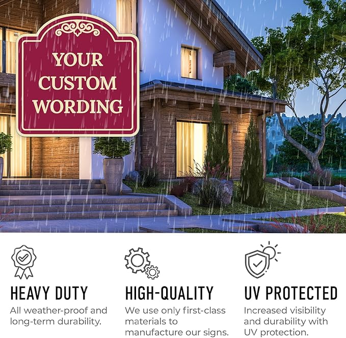 Custom Decorative Sign, Personalized Metal Sign for Business, Driveway, Home, Airbnb, Office Door Plaque,Burgundy Background Sign, 12x12 Inches, ACM, Fade Resistant, Made in USA by Sigo Signs