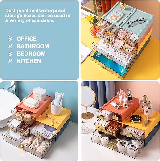 DETEIN 2PACK Stackable Drawer for Desk 6.5"x9"x3" Desktop Storage Organizer with Drawer Plastic Organizer Box Storage Container for Stationery, Makeup, Bathroom (Orange, M - 1 Drawer)