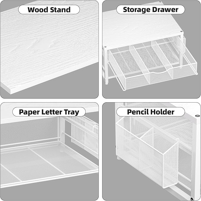 Marbrasse Wood Printer Stand for Desk, 2-Tier Desktop Printer Table for Home Office, Printer Stand with Storage Drawer 2 Pen Holders, Multi-Purpose Desk Organizer for Fax Machine Scanner(Wood White)